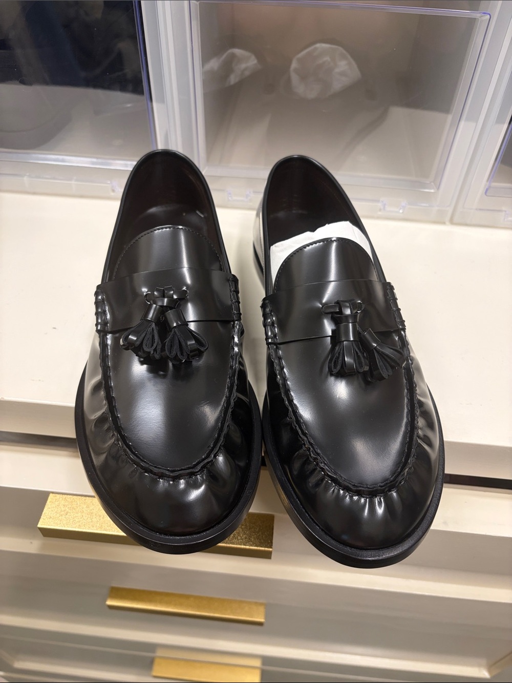 The Row Black Leather Tassel Loafers
